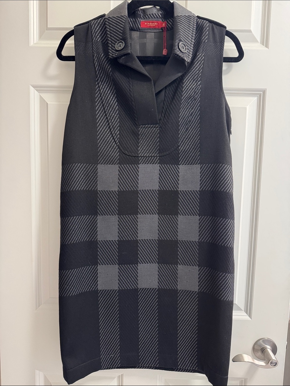 Burberry Black & Gray Plaid Sleeveless Shift Dress